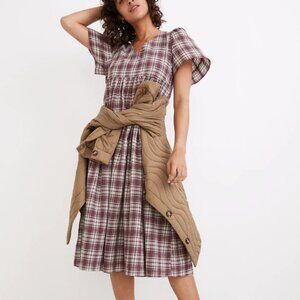 Madewell Burgundy V-Neck Puff-Sleeve Midi Dress in Croftwood Plaid